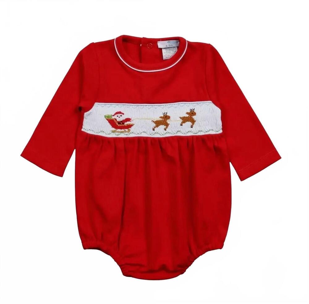 NEW BABY LOREN kid's santas sleigh smocked bubble romper in red